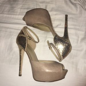 Tan and glittery platform heels